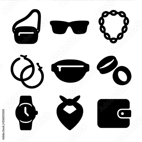 Street Fashion Icons. Solid, filled icon set of street fashion accessories: crossbody bag, sunglasses, chain necklace, hoop