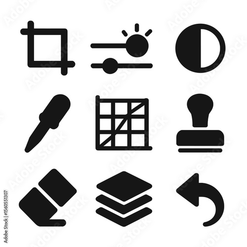 Photo Editing Icons. Solid, filled icon set of photo editing tools: crop icon, brightness slider, contrast bar, color picker,