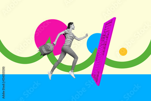 Contemporary artwork collage of happy businesswoman businessman stand keypad wireless freelancer tool desktop electronic qwerty