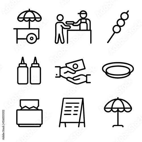 Street Food Vendor Icons. Outline icon set of Street Vendor Sharing Food: food cart, vendor handing plate, skewer, condiment