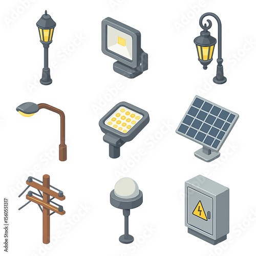 Street Lighting Icons. Isometric Flat icon set of street lighting: lamppost, floodlight, decorative lantern, overhead street light