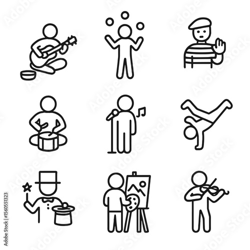 Street Performer Icons. Outline icon set of street performers: guitarist, juggler, mime, drummer, singer, breakdancer, magician,