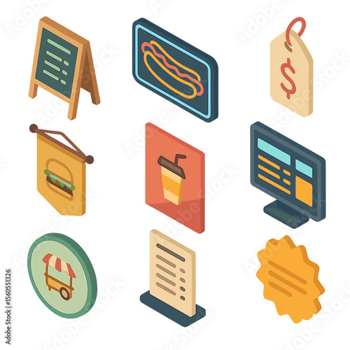 Street Food Icon Set. Isometric Flat icon set of street food signage and menus: chalkboard menu, neon food sign, price tag label,