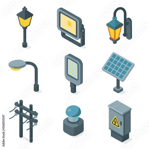 Street Lighting Icons. Isometric Flat icon set of street lighting: lamppost, floodlight, decorative lantern, overhead street light