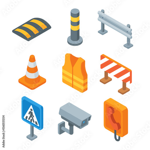 Street Safety Icons. Isometric Flat icon set of street safety: speed bump, bollard, guardrail, traffic cone, reflective vest,