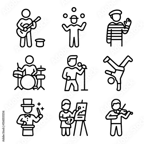 Street Performer Icons. Outline icon set of street performers: guitarist, juggler, mime, drummer, singer, breakdancer, magician,