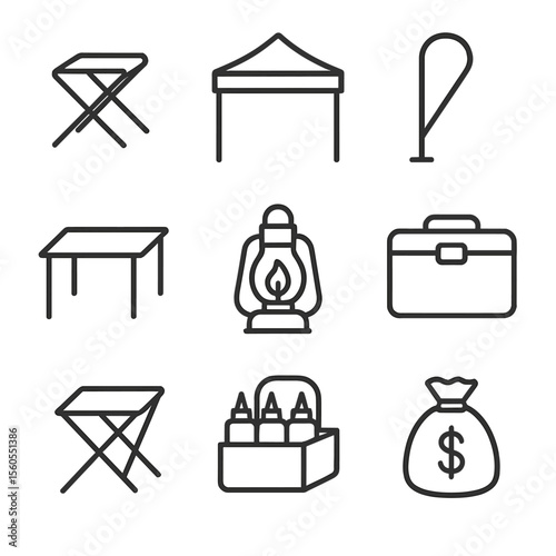Street Vendor Icons. Outline icon set of street vendor accessories: folding stool, canopy tent, portable table, signage flag,