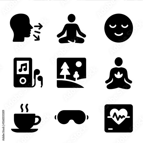 Stress Relief Icons. Solid, filled icon set of stress and anxiety relief: deep breath, yoga pose, calm face, heart rate monitor,
