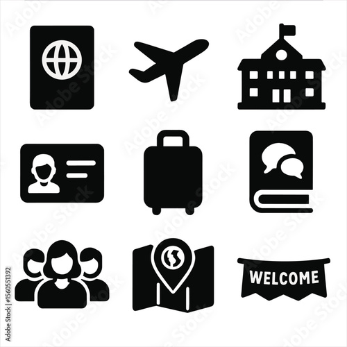 Student Exchange Icons. Solid, filled icon set of student exchange programs: passport, airplane, school building, student ID,