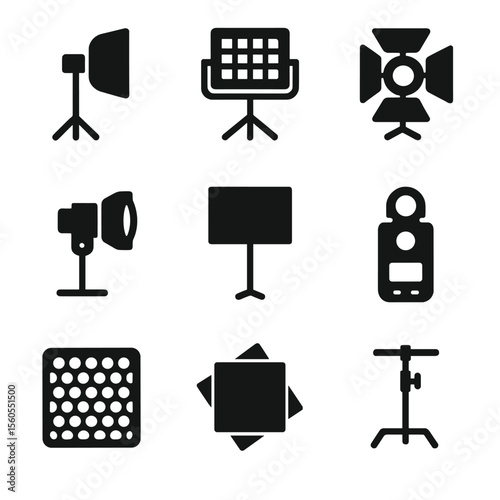 Studio Lighting Icons. Solid, filled icon set of studio lighting equipment: softbox, LED panel, barn doors, fresnel light,