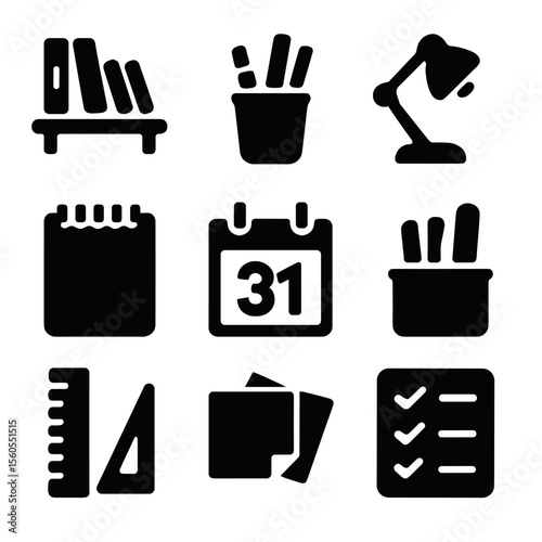 Study Essentials Icons. Solid, filled icon set of study area essentials: desk shelf, pencil cup, reading lamp, notepad, calendar