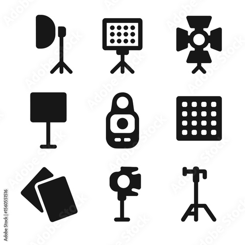 Studio Lighting Icons. Solid, filled icon set of studio lighting equipment: softbox, LED panel, barn doors, fresnel light,