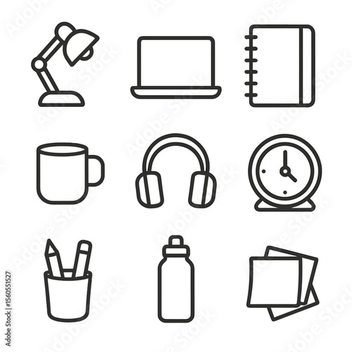 Study Tools Icons. Outline icon set of Late Night Study Workspace: desk lamp, laptop, notebook, coffee mug, headphones, desk clock