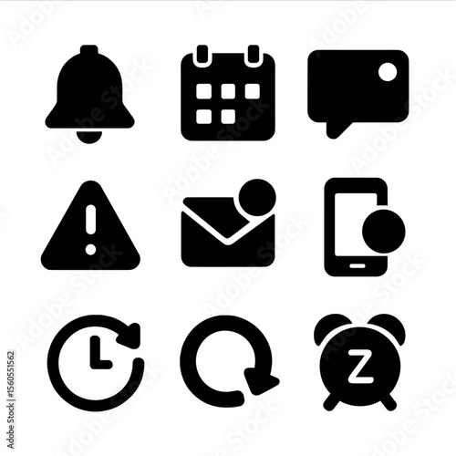 Subscription Reminder Icons. Solid, filled icon set of subscription reminders: alarm bell, calendar dot, reminder popup, alert
