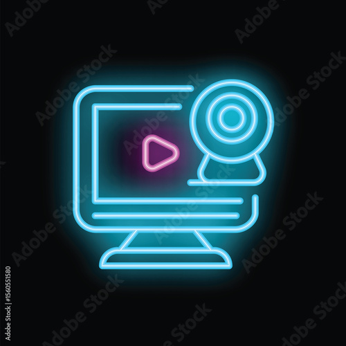 Neon icon of a computer playing video with webcam recording, representing video call, streaming or online content creation