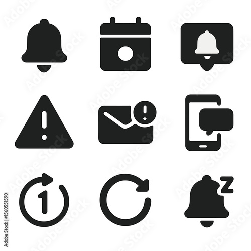 Subscription Reminder Icons. Solid, filled icon set of subscription reminders: alarm bell, calendar dot, reminder popup, alert