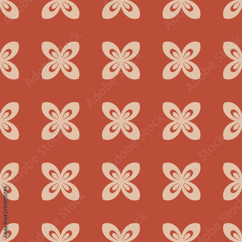 Abstract cute seamless pattern. Simple vector floral ornament with flower silhouettes in regular grid. Vintage old-fashioned summer texture. Retro nostalgic red and beige background. Repeating design