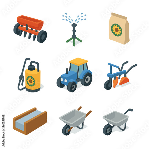 Sunflower Farming Icons. Isometric Flat icon set of sunflower farming tools: seed drill, irrigation sprinkler, fertilizer bag,