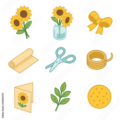 Sunflower Bouquet Icons. Isometric Flat icon set of sunflower bouquet: sunflower bunch, mason jar vase, ribbon bow, wrapping paper