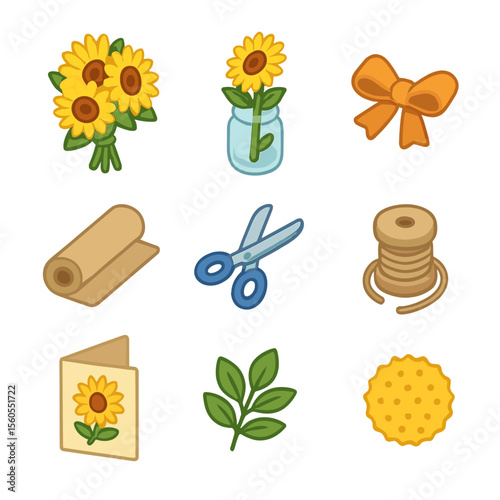 Sunflower Bouquet Icons. Isometric Flat icon set of sunflower bouquet: sunflower bunch, mason jar vase, ribbon bow, wrapping paper
