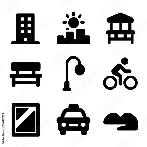 Sunny Cityscape Icons. Solid, filled icon set of sunny cityscape: high-rise building, sun over skyline, rooftop terrace, park