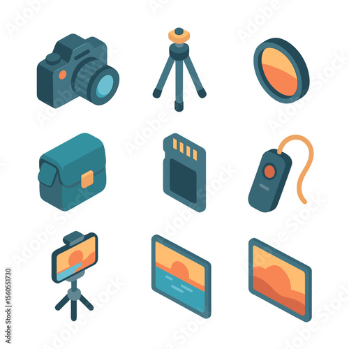 Sunset Photography Icon Set. Isometric Flat icon set of sunset photography gear: DSLR camera, tripod, lens filter, camera bag, SD