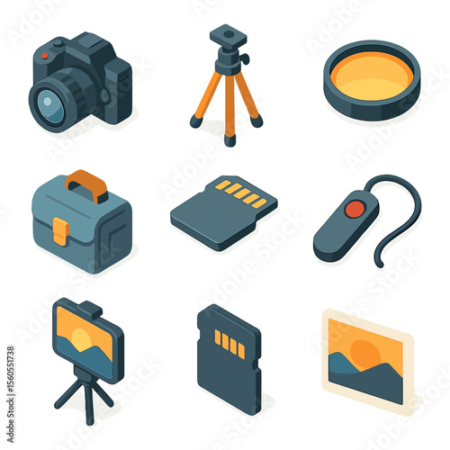 Sunset Photography Icon Set. Isometric Flat icon set of sunset photography gear: DSLR camera, tripod, lens filter, camera bag, SD