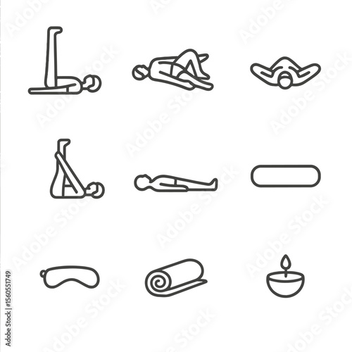 Supine Relaxation Icons. Outline icon set of supine relaxation poses post-exercise: legs up wall, supine twist, reclined bound