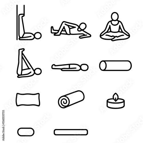 Supine Relaxation Icons. Outline icon set of supine relaxation poses post-exercise: legs up wall, supine twist, reclined bound