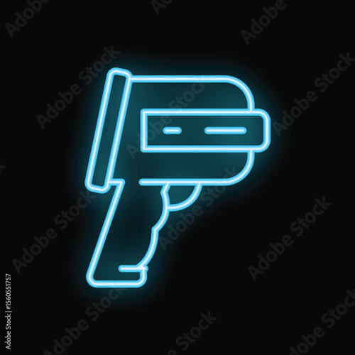 Neon sign of a contactless digital infrared thermometer showing temperature on a black background