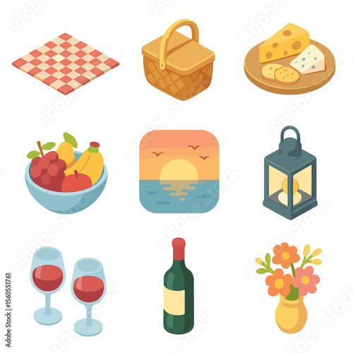 Sunset Picnic Icons. Isometric Flat icon set of sunset picnic: checkered blanket, picnic basket, cheese platter, fruit bowl, wine