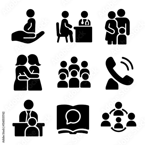 Support Icons Grid. Solid, filled icon set of expecting support: partner hand, doctor consultation, family group, friend hug,