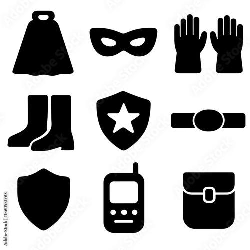 Superhero Icon Set. Solid, filled icon set of superhero accessories: cape, mask, gloves, boots, emblem, belt, shield, communicator