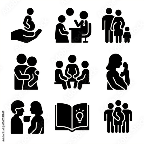 Support Icons Grid. Solid, filled icon set of expecting support: partner hand, doctor consultation, family group, friend hug,