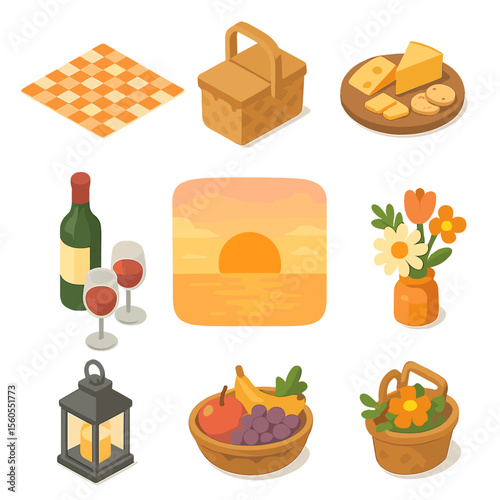 Sunset Picnic Icons. Isometric Flat icon set of sunset picnic: checkered blanket, picnic basket, cheese platter, fruit bowl, wine