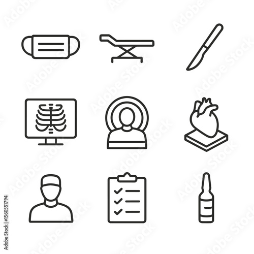 Surgical Planning Icons. Outline icon set of surgical treatment planning: surgery mask, operating table, scalpel, X-ray image, CT
