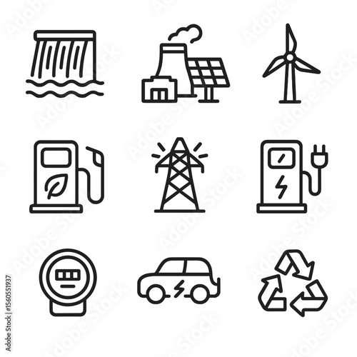 Sustainable Energy Icons. Solid, filled icon set of sustainable energy technologies: hydroelectric dam, geothermal plant, solar
