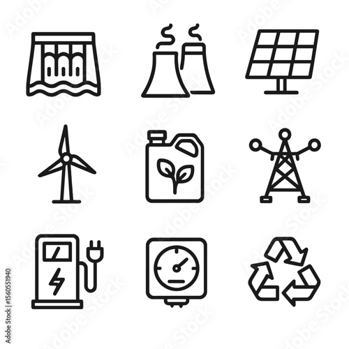 Sustainable Energy Icons. Solid, filled icon set of sustainable energy technologies: hydroelectric dam, geothermal plant, solar