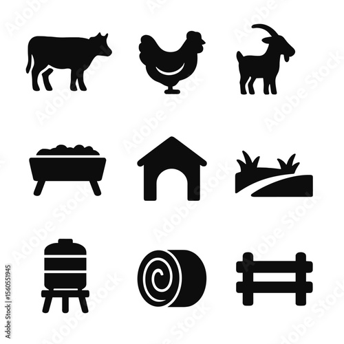 Sustainable Farming Icons. Solid, filled icon set of sustainable livestock farming: pasture cow, free-range chicken, goat, feed