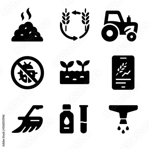 Sustainable Farming Icons. Solid, filled icon set of sustainable farming in barley fields: compost pile, crop rotation icon, eco