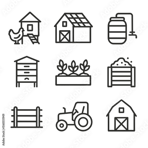 Sustainable Farming Icons. Outline icon set of small-scale sustainable farming: chicken coop, solar panel on barn roof, rainwater