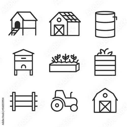 Sustainable Farming Icons. Outline icon set of small-scale sustainable farming: chicken coop, solar panel on barn roof, rainwater