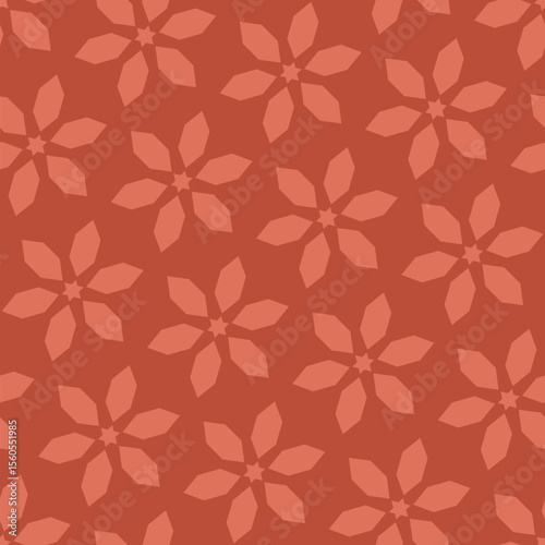 Vector floral minimal seamless pattern. Abstract geometric leaf ornament with flowers in oriental style, diamonds, stars in diagonal grid. Simple background texture in brick red color. Repeated design