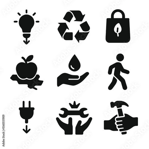 Sustainable Habits Icons. Solid, filled icon set of sustainable habits: turn off light, recycle sign, bring your own bag, eat