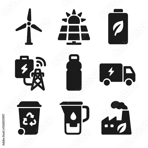 Sustainable Innovation Icons. Solid, filled icon set of sustainable innovation: wind turbine, solar panel, eco battery, smart grid