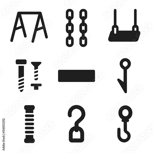 Swing Set Icon Grid. Solid, filled icon set of swing set parts: metal frame, hanging chains, swing seat, bolts and screws, support