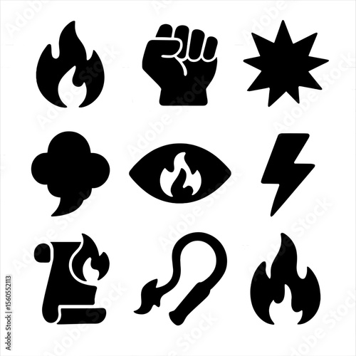 Symbols of Fury. Solid, filled icon set of symbols of rage and passion: burning flame, clenched fist, explosive burst, fiery eye,