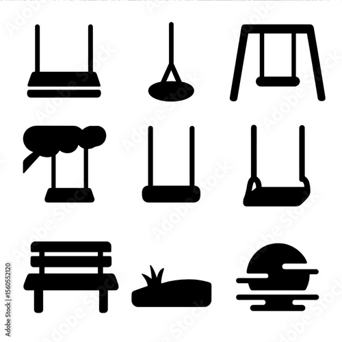 Swing Icon Grid. Solid, filled icon set of empty swing scenes: wooden swing, rope swing, playground frame, tree branch, empty seat