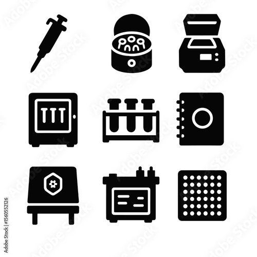 Synthetic Biology Lab Icons. Solid, filled icon set of synthetic biology lab tools: micropipette, centrifuge, PCR machine,