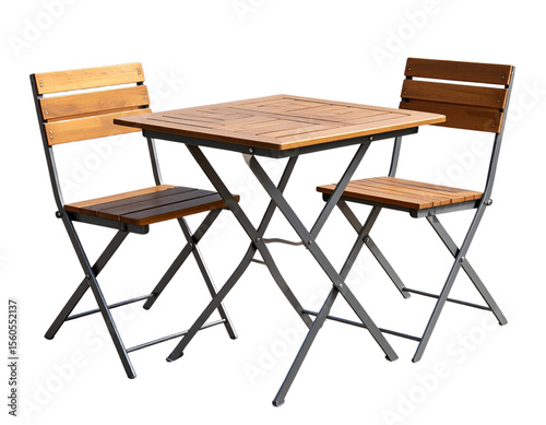 Modern aluminum and wood outdoor table set with two chairs, isolated on transparent background